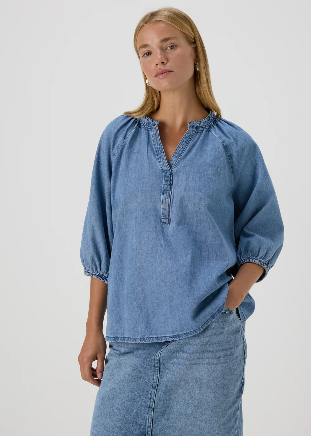 Mid Wash V-Neck Blouse - 8 Image 1