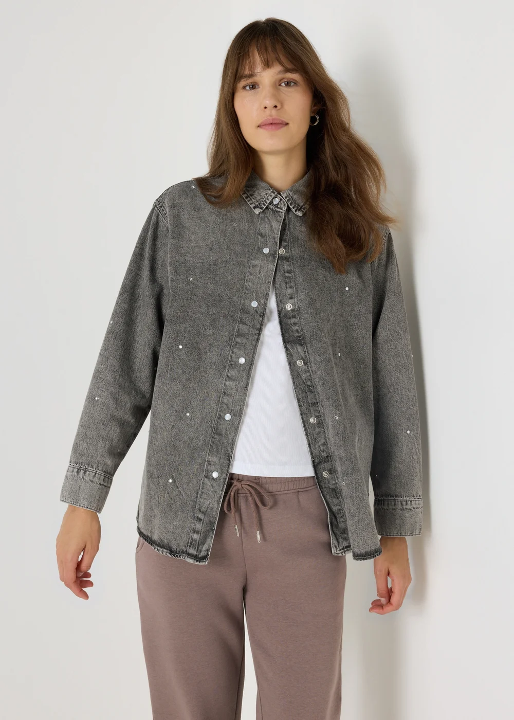Grey Embellished Denim Shirt - Size 8 Image 1