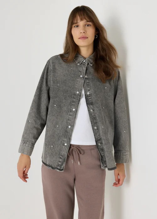Grey Embellished Denim Shirt - Size 8 Image 1
