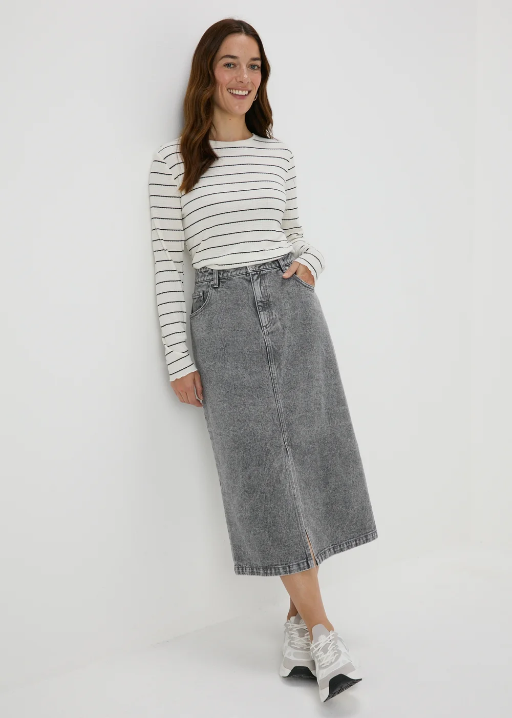 Grey Denim Midi Skirt - Size 8 Image 1