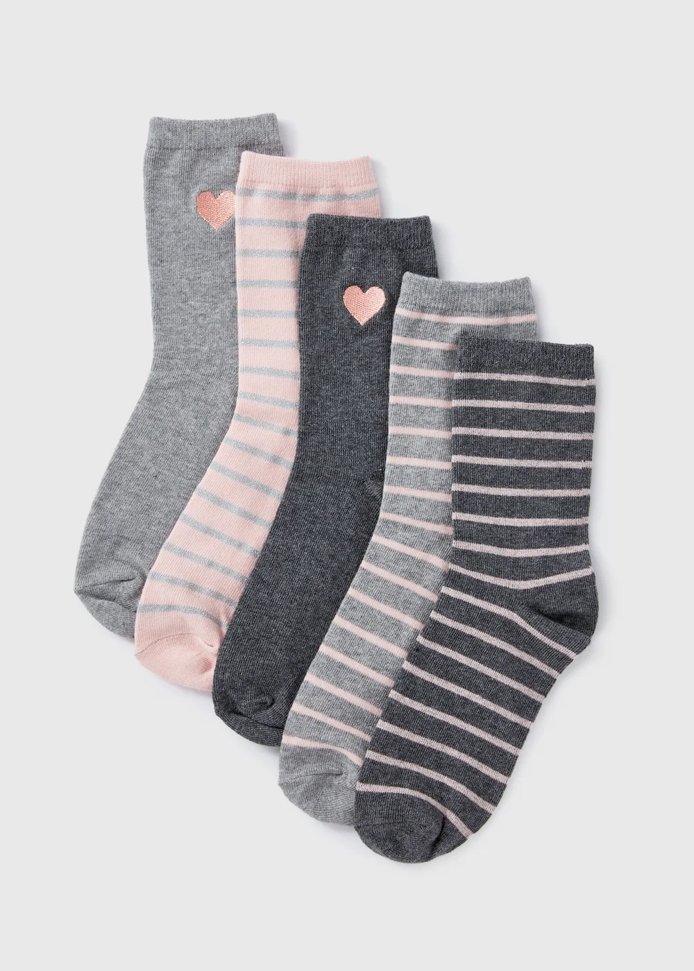 5 Pack Grey Heart & Stripe Crew Socks - One Size Image 1