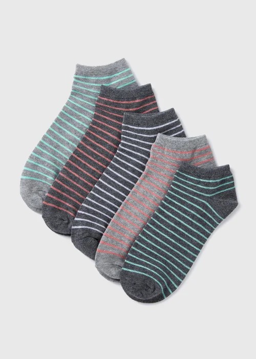 5 Pack Grey Stripe Trainer Socks - One Size Image 1
