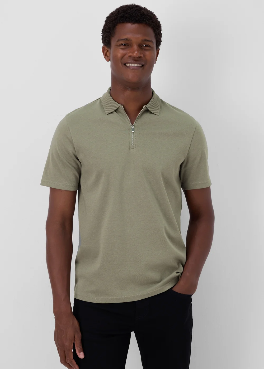 Khaki Plain Zip Polo Shirt - S Image 1