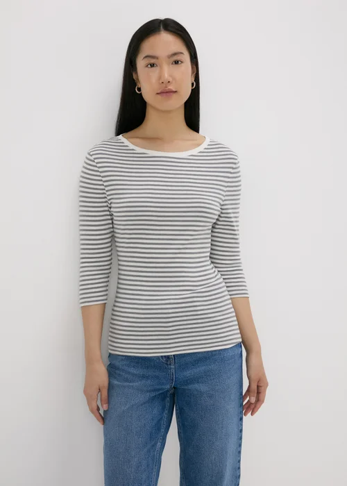 Grey Stripe 3/4 Sleeve Fitted T-Shirt - 8 Image 1