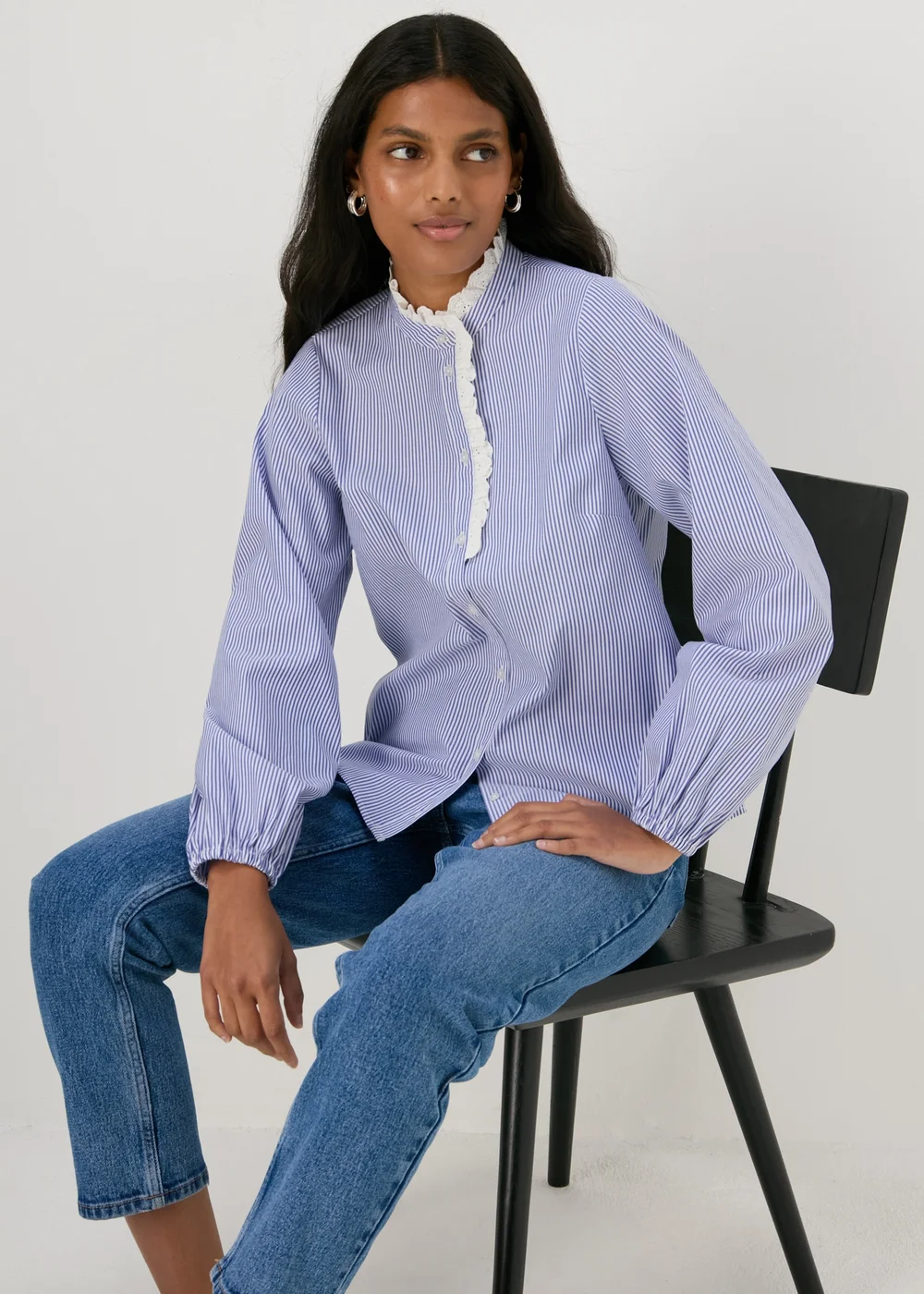 Blue Stripe Frill Neck Shirt - 8 Image 1