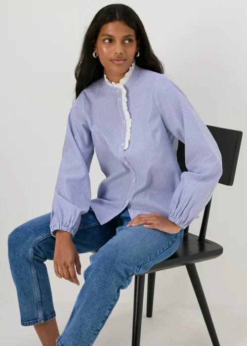 Blue Stripe Frill Neck Shirt - 8 Image 1