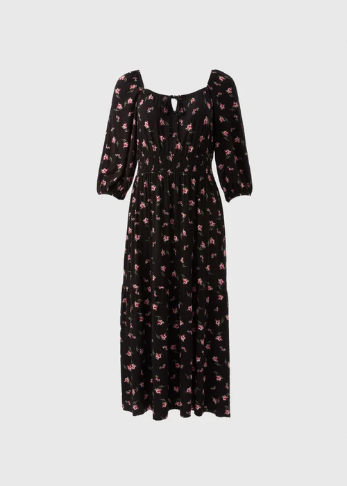 Black Floral Shirred Midi Dress - 8 Image 5