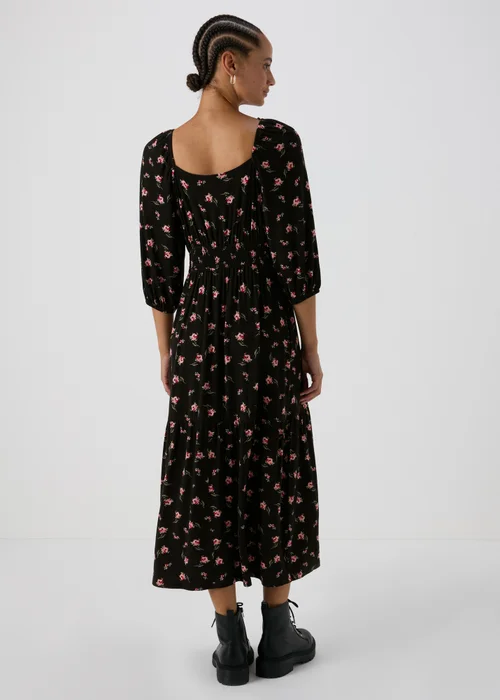 Black Floral Shirred Midi Dress - 8 Image 2
