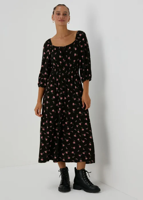 Black Floral Shirred Midi Dress - 8 Image 1