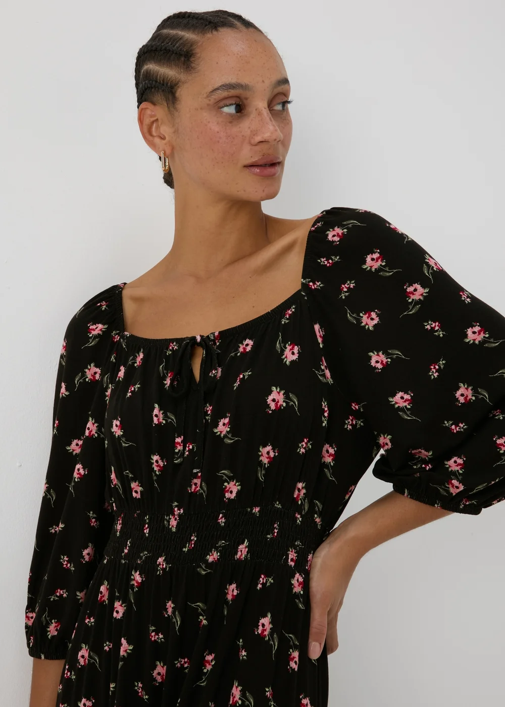 Black Floral Shirred Midi Dress - 8 Image 3