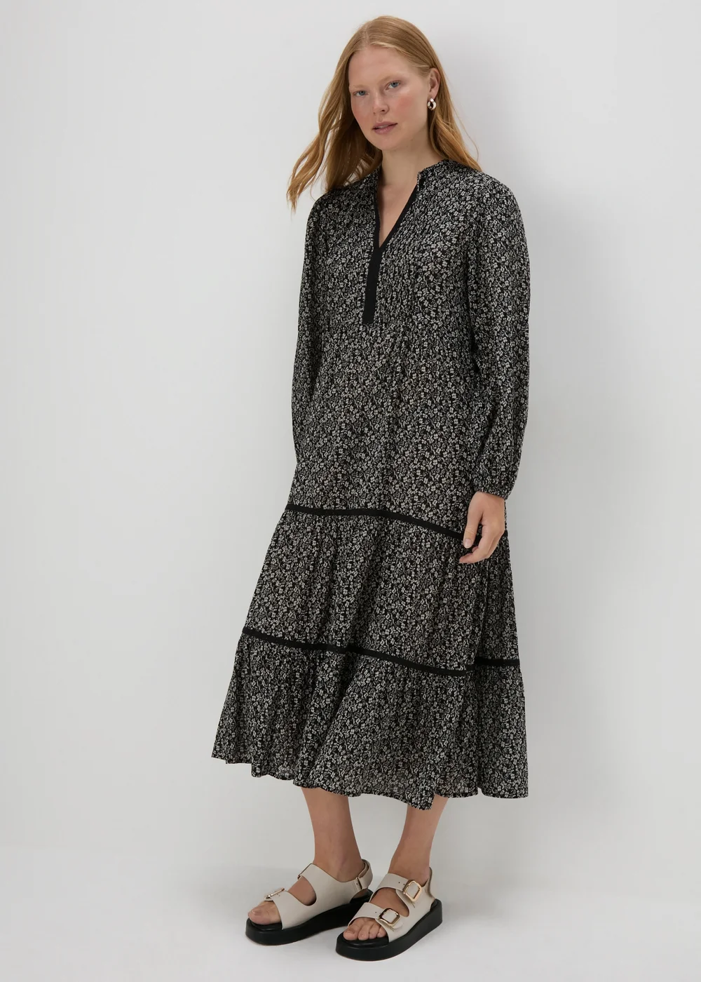 Black Floral Lace Trim Midi Dress - 8 Image 4