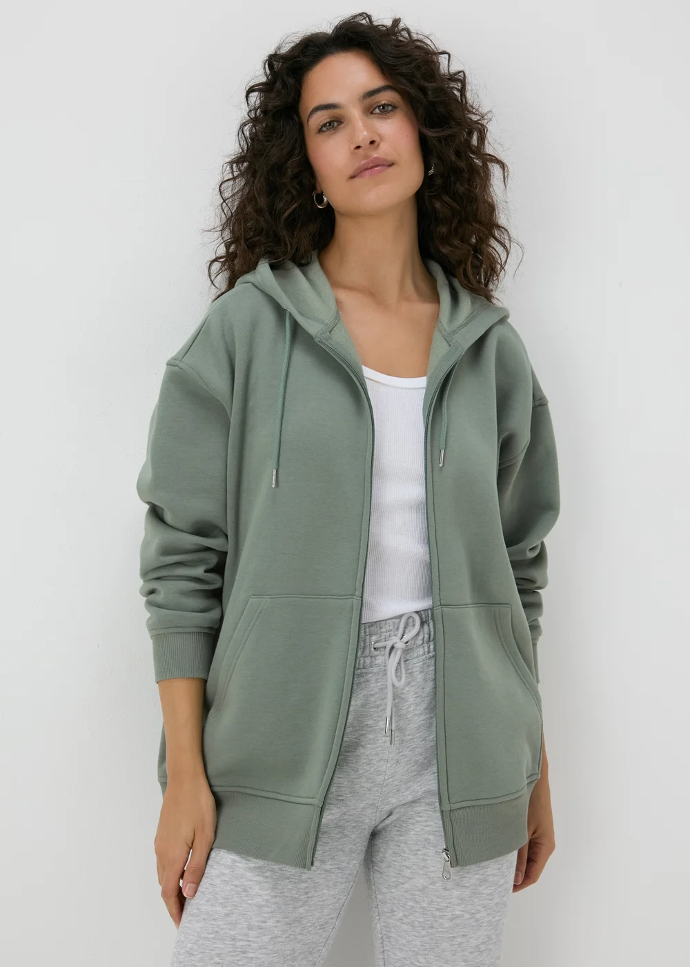Khaki Longline Zip Up Hoodie - S Image 1
