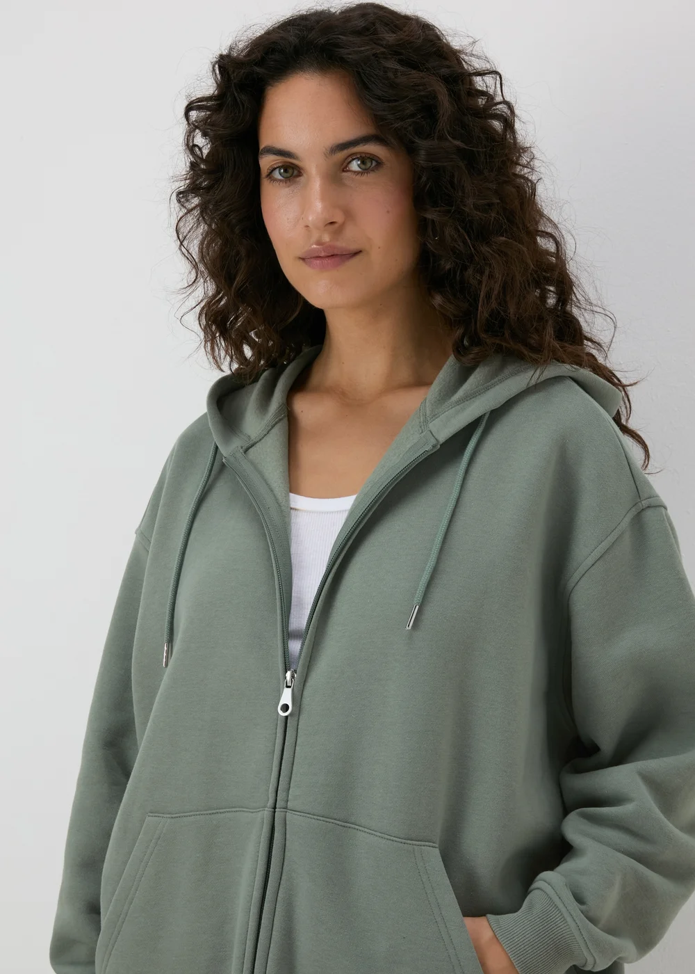 Khaki Longline Zip Up Hoodie - S Image 3