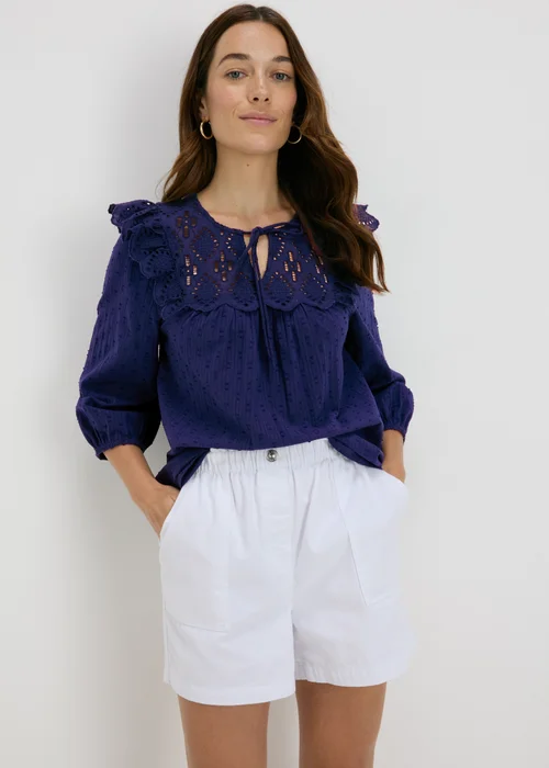 Navy Frill Embroidery Blouse - 8 Image 1