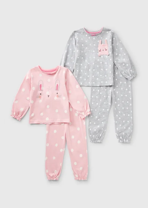 2 Pack Girls Pink Bunny Top & Bottom Pyjama Set (1-7yrs) - 1 half year to 2 Image 1