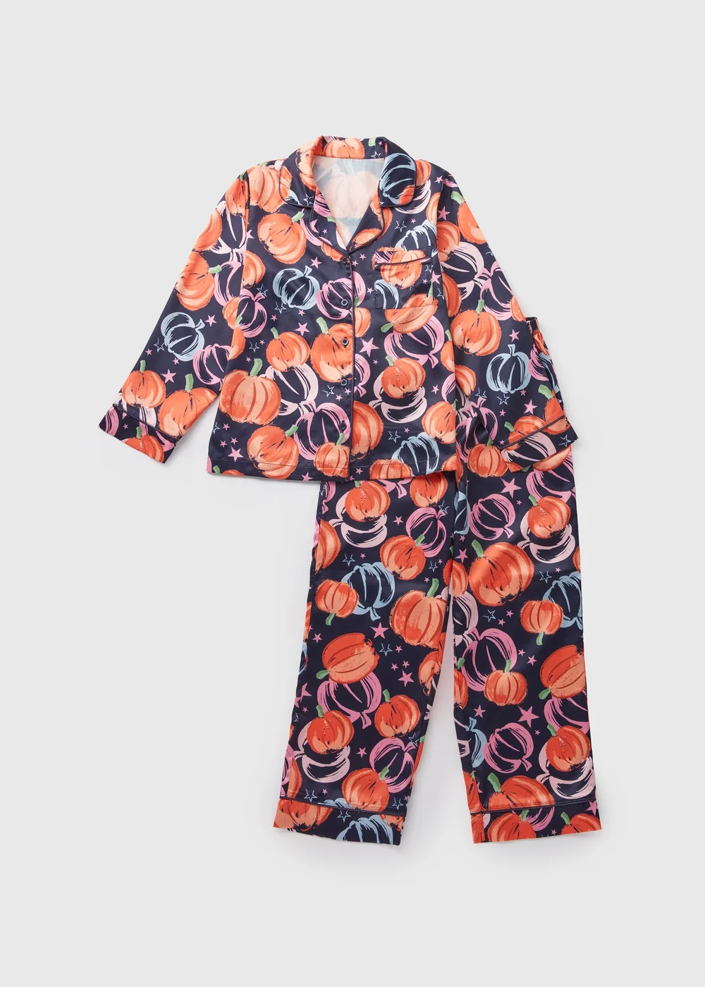 Girls Navy Pumpkin Satin Pyjama Set (10-12yrs) - Age 10 Years Image 1