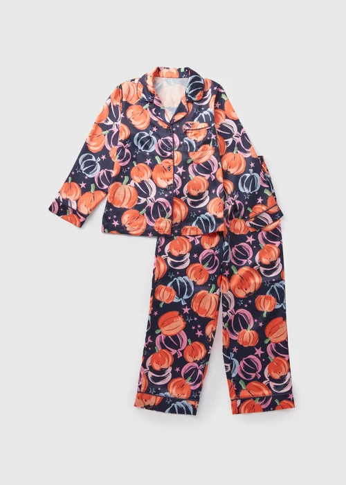Girls Navy Pumpkin Satin Pyjama Set (10-12yrs) - Age 10 Years Image 1