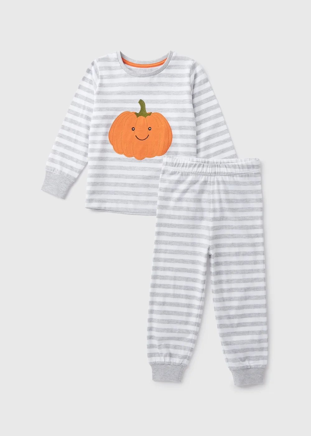 Unisex Grey Striped Pumpkin Pyjama Top & Bottoms Set (1-7yrs) - Age 2 - 3 Years Image 1