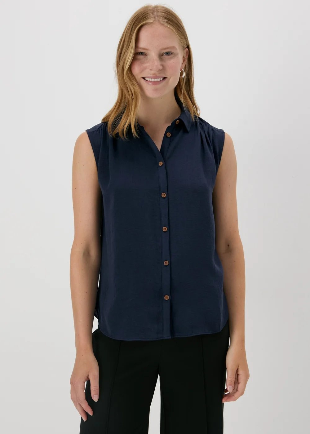 Navy Sleeveless Button Shirt - Size 8 Image 1