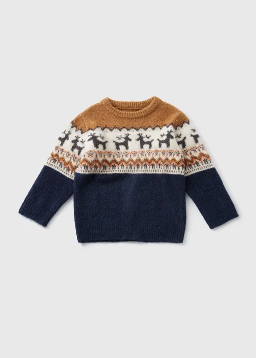 Boys Navy Reindeer Fairisle Knit Jumper (1-7yrs) - 1-1.5 Yrs Image 1