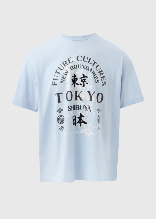 Light Blue Japanese Print T-Shirt - S Image 5