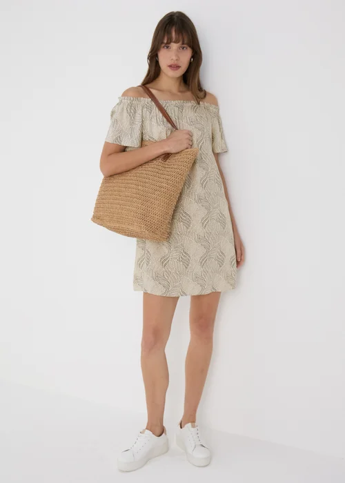 Beige Patterned Bardot Dress - 8 Image 4