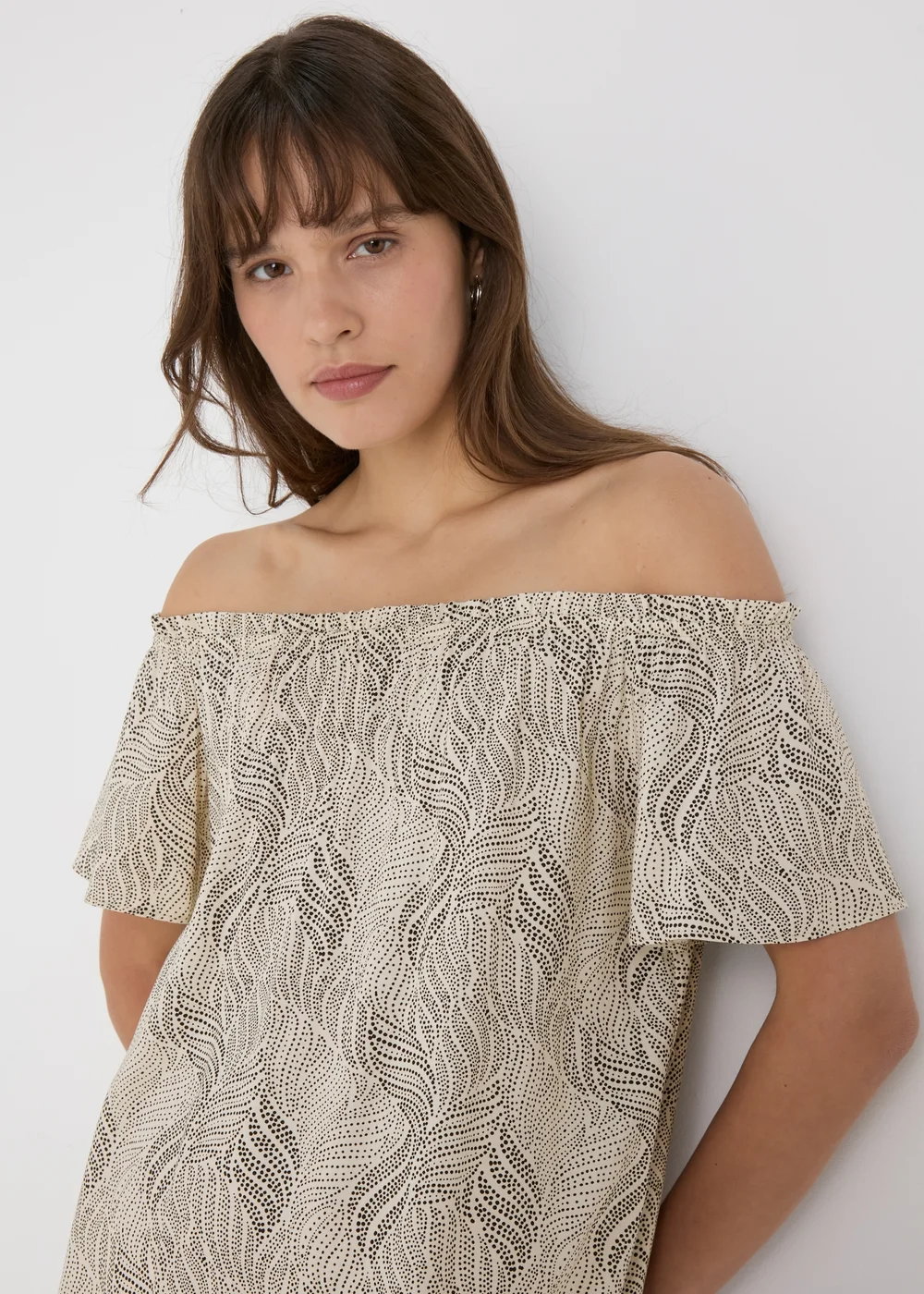 Beige Patterned Bardot Dress - 8 Image 3