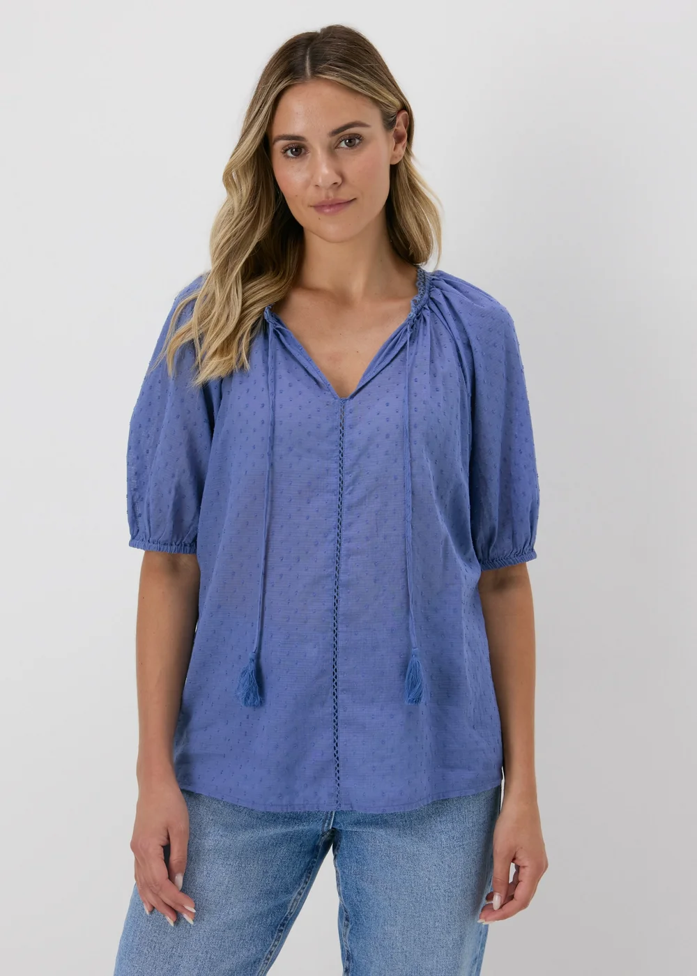 Blue Dobby Boho Tie Front Blouse - 8 Image 1