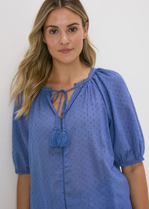Blue Dobby Boho Tie Front Blouse - 8 Image 3