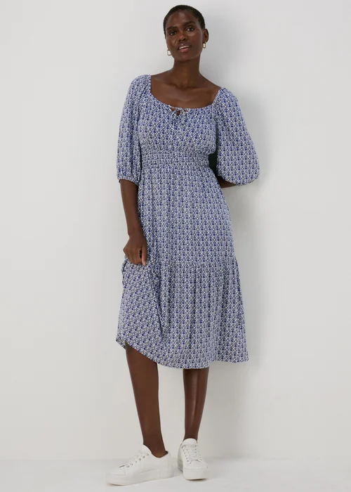 Blue Tile Print Shirred Midi Dress - 8 Image 4