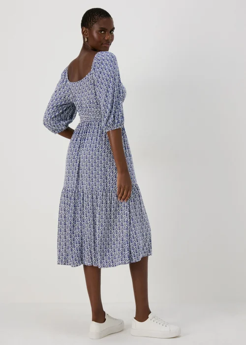 Blue Tile Print Shirred Midi Dress - 8 Image 2