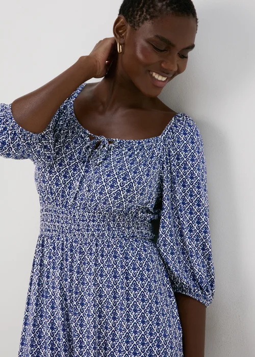Blue Tile Print Shirred Midi Dress - 8 Image 3