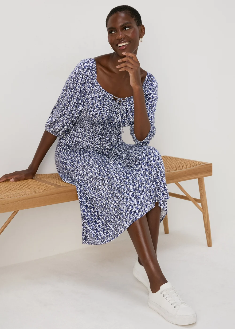 Blue Tile Print Shirred Midi Dress - 8 Image 1