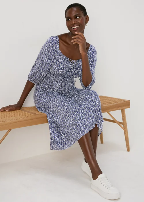 Blue Tile Print Shirred Midi Dress - 8 Image 1