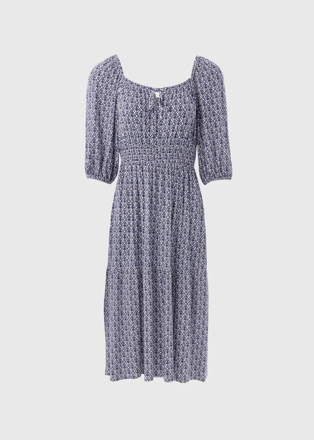 Blue Tile Print Shirred Midi Dress - 8 Image 5