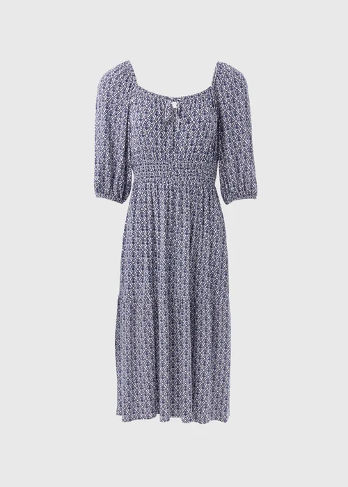 Blue Tile Print Shirred Midi Dress - 8 Image 5
