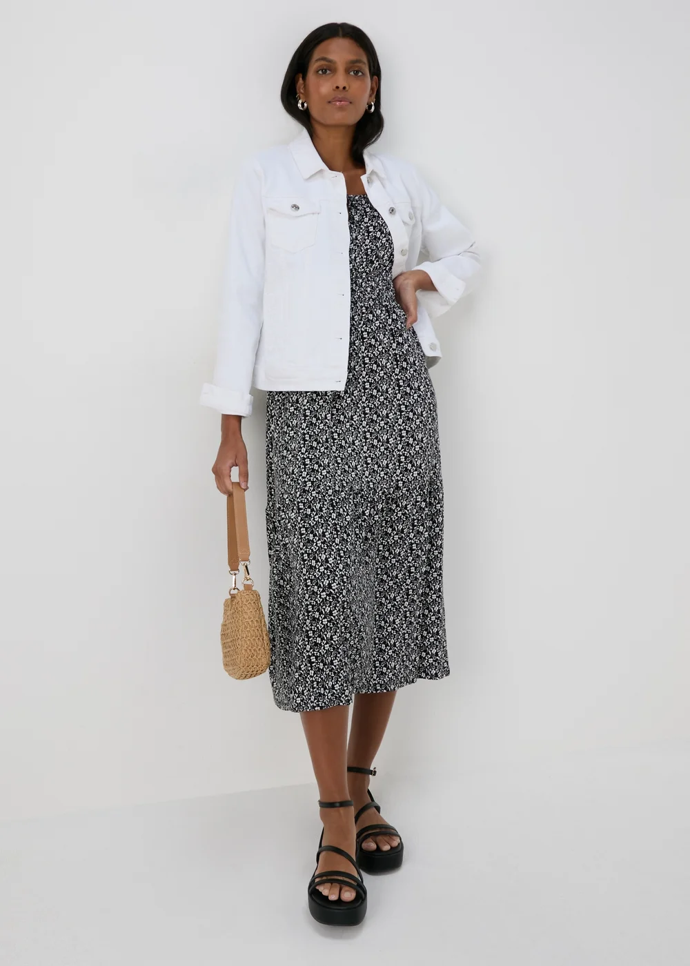 Black Ditsy Floral Shirred Midi Dress - 8 Image 4