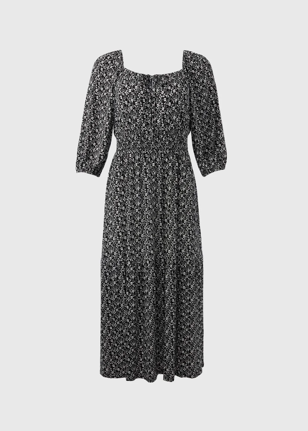 Black Ditsy Floral Shirred Midi Dress - 8 Image 5