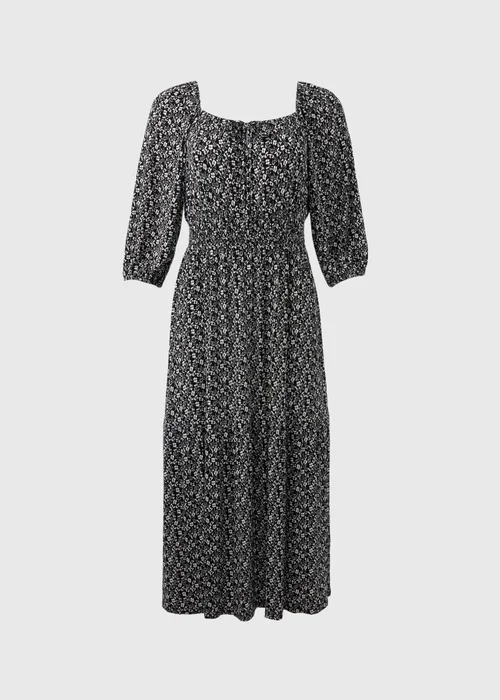 Black Ditsy Floral Shirred Midi Dress - 8 Image 5