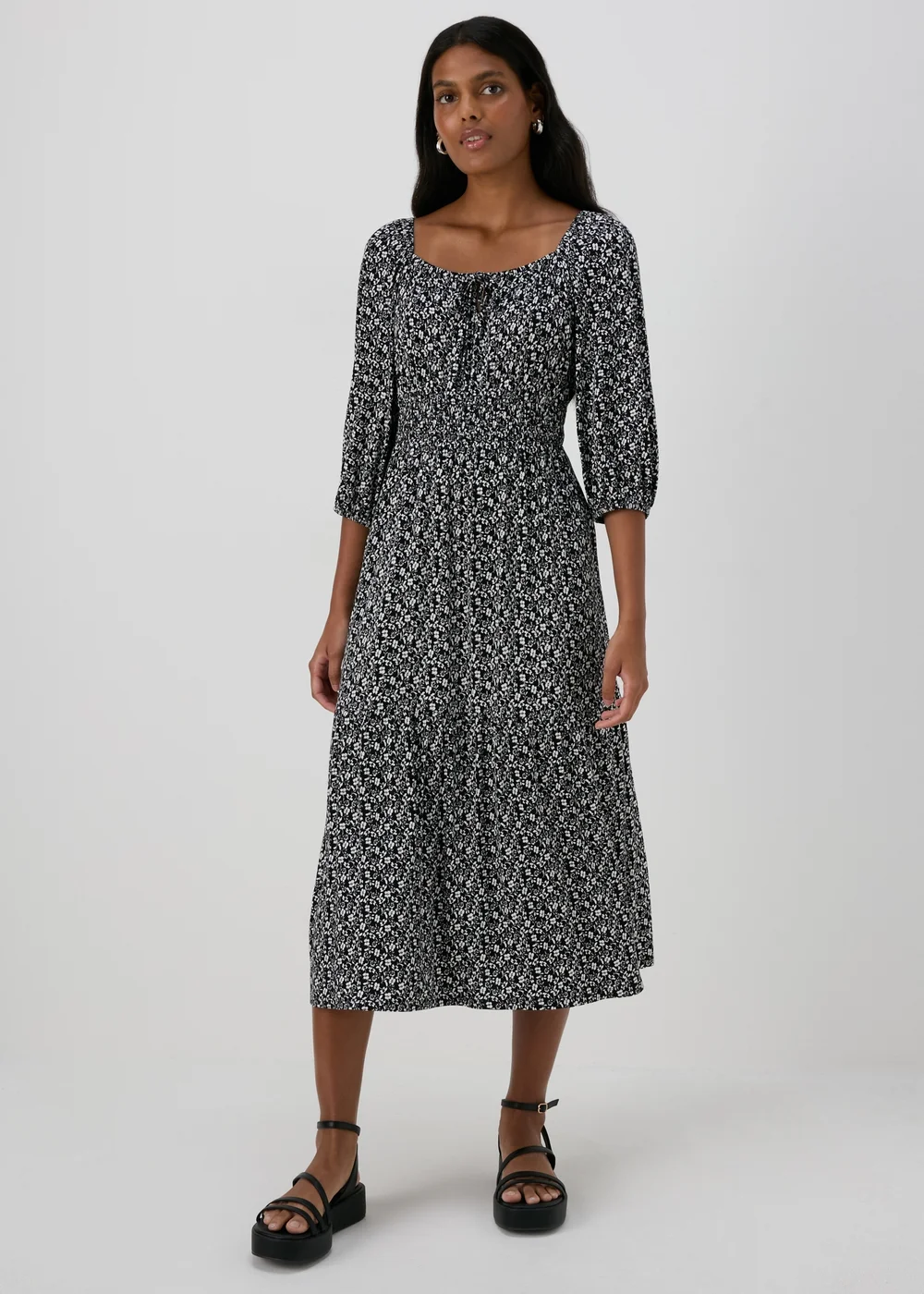 Black Ditsy Floral Shirred Midi Dress - 8 Image 1