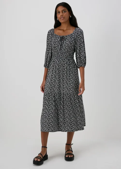 Black Ditsy Floral Shirred Midi Dress - 8 Image 1