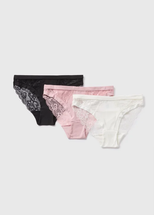 3 Pack Multicoloured Brushed Lace High Leg Knickers - 8 Image 1