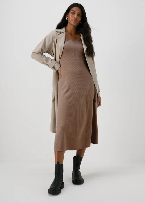 Beige Ribbed Scoop Neck Midi Dress - 8 Image 4