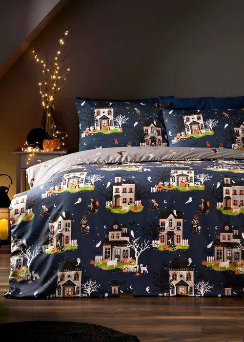 Halloween Haunted House Reversible Duvet Set - Single Image 1