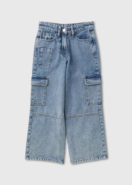 Girls Blue Wide Leg Cargo Jeans (7-15yrs) - 8 Yrs Image 1