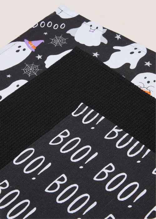 3 Pack Black Halloween Ghost Tea Towels (45x65 cm) Image 2