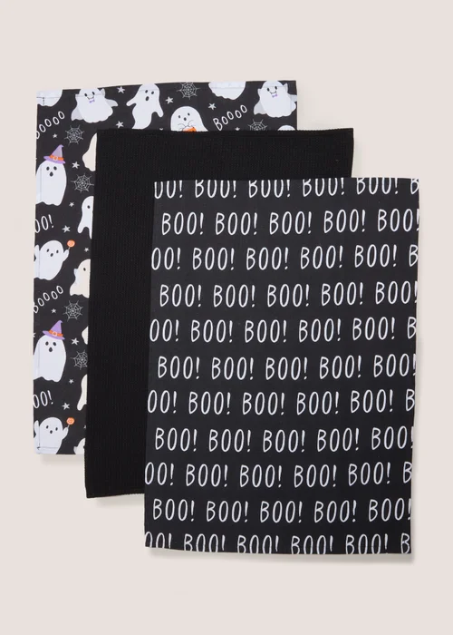 3 Pack Black Halloween Ghost Tea Towels (45x65 cm) Image 1