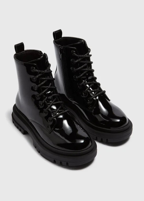 Girls Black Patent Lace Up Boots (Younger 10-5) - Size 1 Image 1