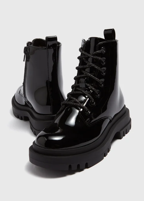 Girls Black Patent Lace Up Boots (Younger 10-5) - Size 1 Image 2