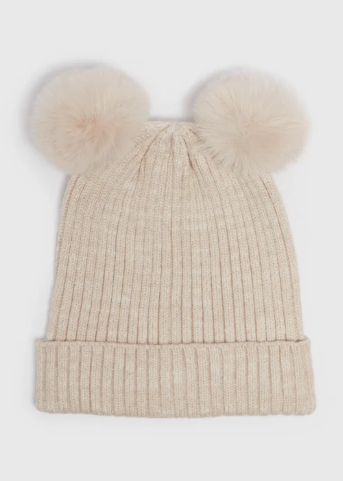 Girls Oatmeal Double Pom Pom Beanie (3-13yrs) - Age 3 - 6 Years Image 1